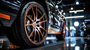 Closeup of beautiful alloy wheels of an expensive supercar. In the sports car sales center